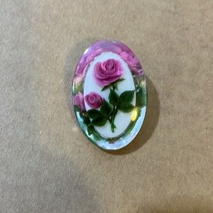 Vintage Clear Lucite Pink Roses Floral Oval Brooch Pin